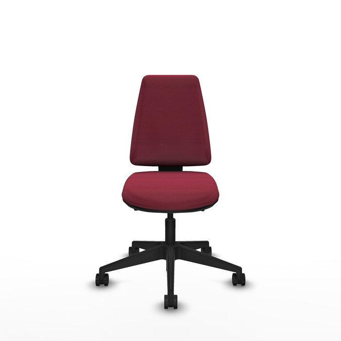 Silla de oficina Elche con mecanismo Asincro tapizada con Tela color Granate. Equipada con Base piramidal negra, Sin brazos y Ruedas 65mm nailon