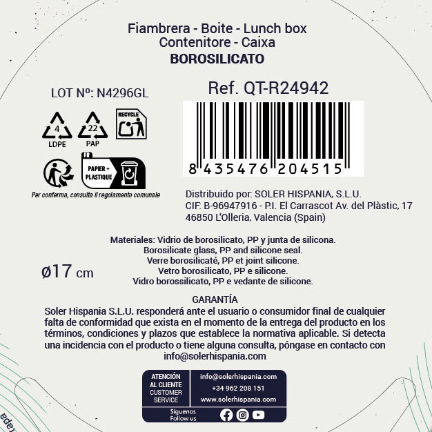 Quttin Fiambrera Redonda Hermética 17 cm 900 cc (6 Unidades)