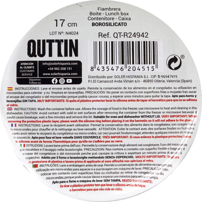 Quttin Fiambrera Redonda Hermética 17 cm 900 cc (6 Unidades)