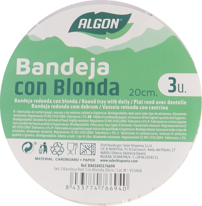 Algon Set de 3 Bandejas Redondas con Blonda 20 cm (24 Unidades)