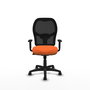 Silla de oficina Alocén con mecanismo Sincro tapizada con Tela color Naranja y malla color Negro. Equipada con lumbar 1D, Brazos 1D y Ruedas de nailon 50 mm