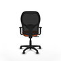 Silla de oficina Alocén con mecanismo Sincro tapizada con Tela color Naranja y malla color Negro. Equipada con lumbar 1D, Brazos 1D y Ruedas de nailon 50 mm