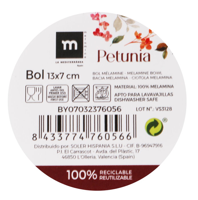 La Mediterranea Bol Melamina Petunia 13 cm x 7 cm Brillo MD (24 Unidades)