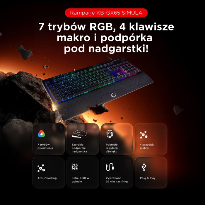 Rampage Simula RGB Makro Gaming Keyboard, negra, layout polaco