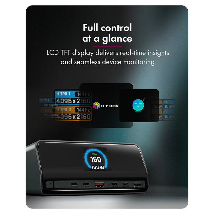 ICY BOX Heart Dock 2300 Dock 11 en 1 con Carga GaN 160 W y Pantalla LCD, 100W USB-PD, USB-C 10 Gbps, HDMI 4K 120Hz, Ethernet ICY BOX Heart Dock 2300 Dock 11 en 1 con Carga GaN 160 W y Pantalla LCD, 100W USB-PD, USB-C 10 Gbps, HDMI 4K 120Hz, Ethernet