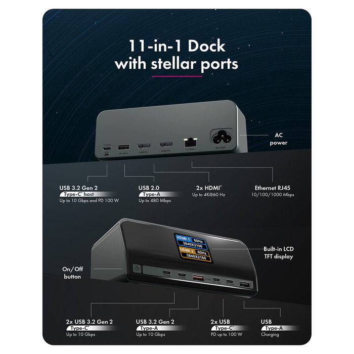 ICY BOX Heart Dock 2300 Dock 11 en 1 con Carga GaN 160 W y Pantalla LCD, 100W USB-PD, USB-C 10 Gbps, HDMI 4K 120Hz, Ethernet ICY BOX Heart Dock 2300 Dock 11 en 1 con Carga GaN 160 W y Pantalla LCD, 100W USB-PD, USB-C 10 Gbps, HDMI 4K 120Hz, Ethernet