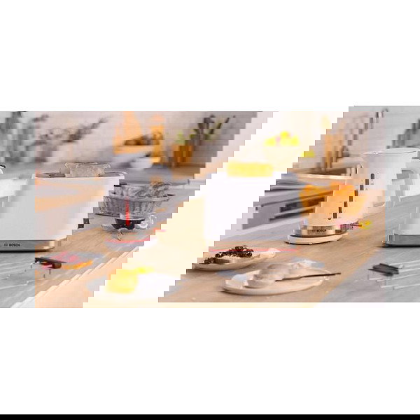 Bosch TAT4M221 Tostadora 2 Ranuras, 950W, Blanco, Acero Inoxidable, Función Descongelar y Recalentar, Control Electrónico del Tostado