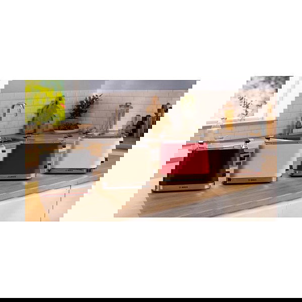 Bosch TAT4M221 Tostadora 2 Ranuras, 950W, Blanco, Acero Inoxidable, Función Descongelar y Recalentar, Control Electrónico del Tostado