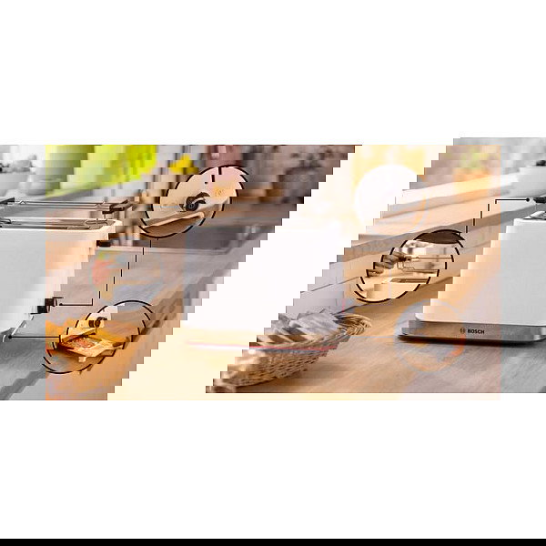 Bosch TAT4M221 Tostadora 2 Ranuras, 950W, Blanco, Acero Inoxidable, Función Descongelar y Recalentar, Control Electrónico del Tostado