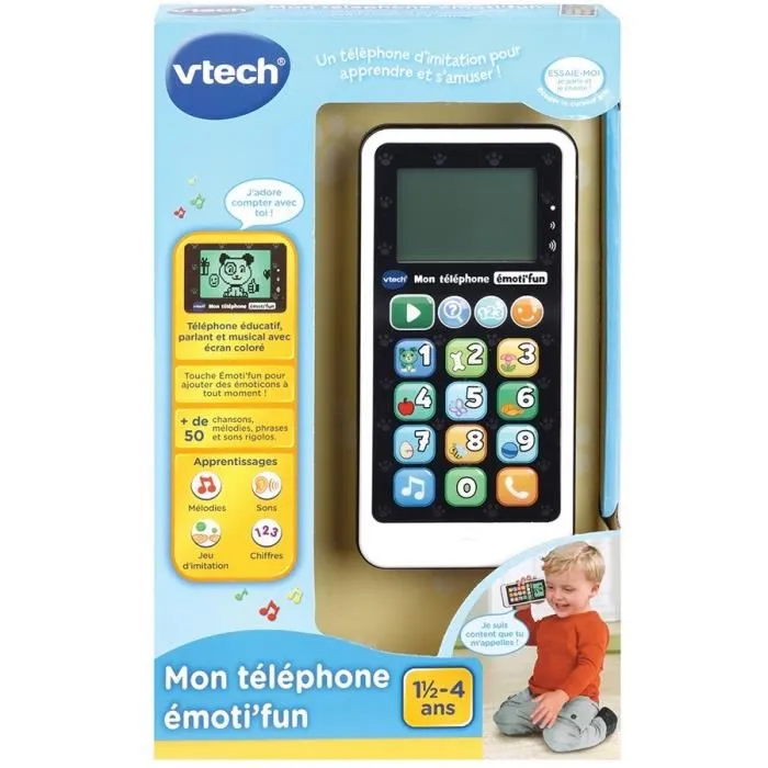 VTECH Mi Teléfono Emocional Blanco y Negro - 12 Teclas - 50 Frases y Canciones - Idioma Francés