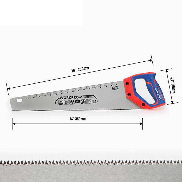 Workpro - Serrucho Universal 350 mm (14"), 7 TPI, Hoja Acero SK5, con Marcas para 90° y 45°, Mango Ergonómico, Corte Rápido Madera, Bambú y PVC Workpro - Serrucho Universal 350 mm (14"), 7 TPI, Hoja Acero SK5, con Marcas para 90° y 45°, Mango Ergonómico, Corte Rápido Madera, Bambú y PVC