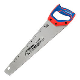 Workpro Serrucho Universal 350 mm con Mango Ergonómico y Escala, 7 TPI, Hoja Acero SK5 para Corte Rápido de Madera, Bambú, PVC y Ángulos 90°/45°