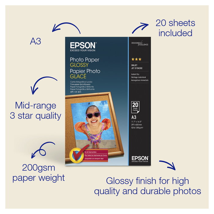 Epson Papel Photo Glossy A3 20 Hojas 200 g/m² Epson Papel Photo Glossy A3 20 Hojas 200 g/m²
