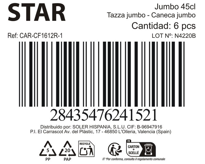 Inde Jumbo 450Cc 'Star' - Taza Grande de 450 ml Roja, 11.3 x 7.8 x 14 cm (6 Unidades)