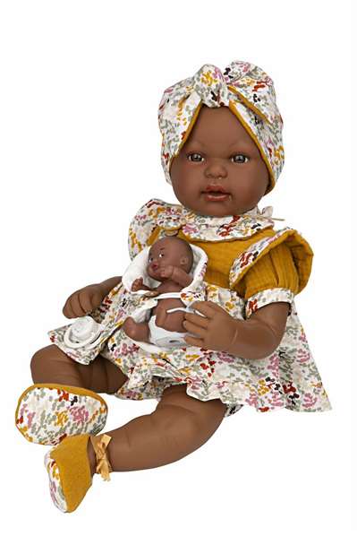Muñecas Arias Muñeca Elegance 45 cm, muñeca de trapo mulato con vestido y pelo de lana aran mostaza, para niñas a partir de 3 años
