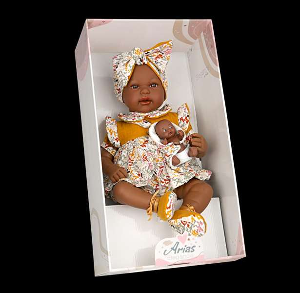 Muñecas Arias Muñeca Elegance 45 cm, muñeca de trapo mulato con vestido y pelo de lana aran mostaza, para niñas a partir de 3 años