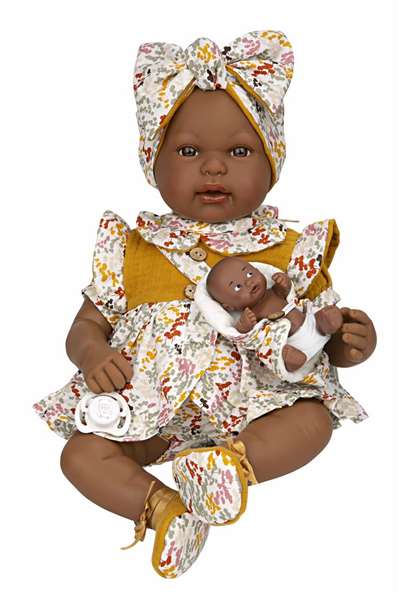 Muñecas Arias Muñeca Elegance 45 cm, muñeca de trapo mulato con vestido y pelo de lana aran mostaza, para niñas a partir de 3 años