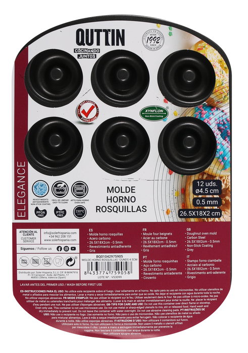 Quttin Molde Horno Rosquillas 12 Unidades 4.5 cm Diámetro Pieza y Molde Completo 27x18x2 cm (12 Unidades)