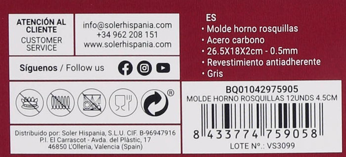 Quttin Molde Horno Rosquillas 12 Unidades 4.5 cm Diámetro Pieza y Molde Completo 27x18x2 cm (12 Unidades)