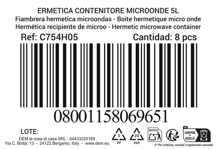 Dem Fiambrera Hermética Rectangular 5L Apta Microondas 29.5x21.5x11.7 cm (8 Unidades)