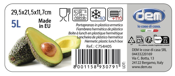 Dem Fiambrera Hermética Rectangular 5L Apta Microondas 29.5x21.5x11.7 cm (8 Unidades) Dem Fiambrera Hermética Rectangular 5L Apta Microondas 29.5x21.5x11.7 cm (8 Unidades)