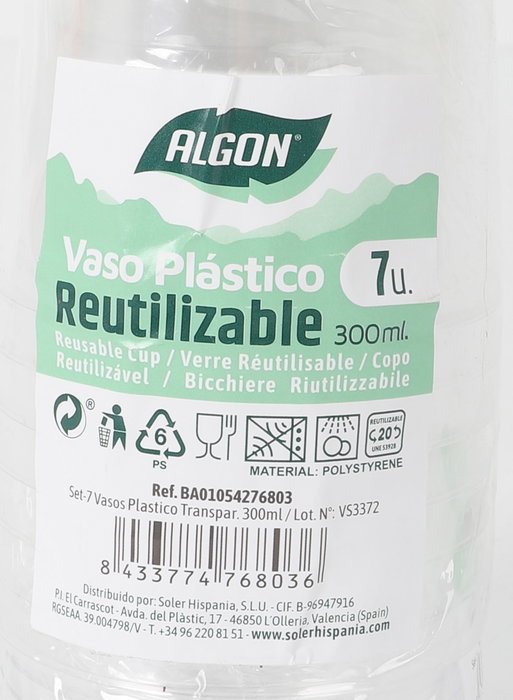 Algon Set 7 Vasos Plástico Transparente 300 ml (24 Unidades)
