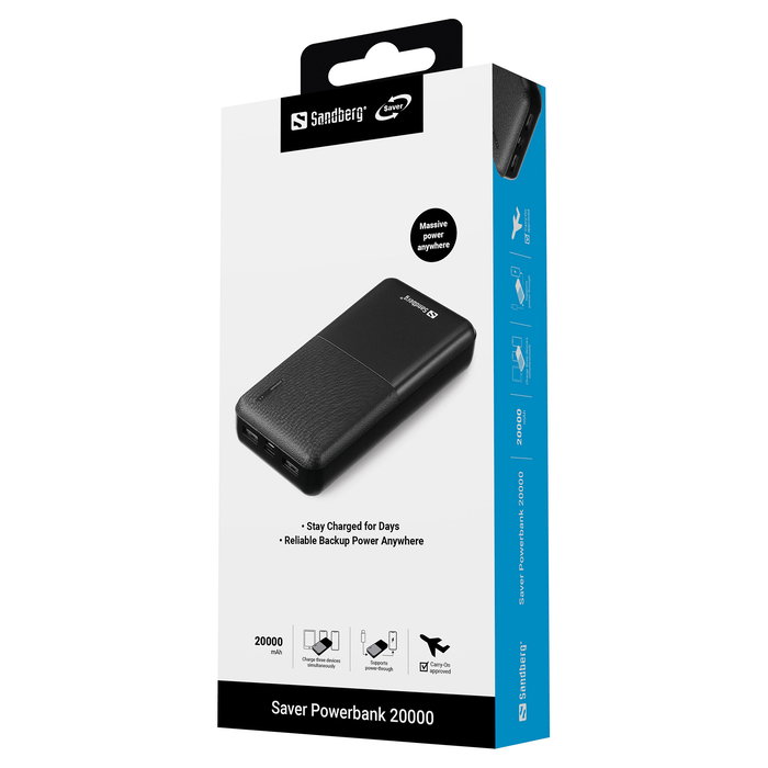SANDBERG Saver Powerbank 20000mAh Negro - Batería Externa 20000 mAh con 2 Puertos USB y Cable Micro USB