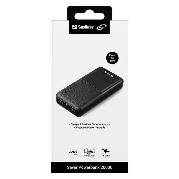 SANDBERG Saver Powerbank 20000mAh Negro - Batería Externa 20000 mAh con 2 Puertos USB y Cable Micro USB