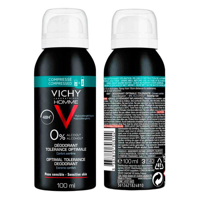 Vichy Homme Tolérance Optimale Sensitive Deo Vaporizador 100 ml - Desodorante en Spray Sin Alcohol, Hipoalergénico, 48h, Reciclable