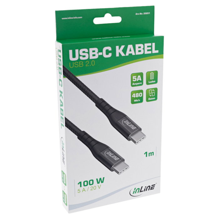 InLine Cable USB-C de Carga Rápida 100W Textil Negro 1m InLine Cable USB-C de Carga Rápida 100W Textil Negro 1m
