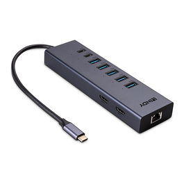 LINDY 43373 DST-Mini Duo, Base Dock USB-C Mini para Laptop con 2x HDMI 4K/8K, Ethernet Gigabit, 100W PD, 6 Puertos USB 3.2, Gris - Compatible con Windows, Mac, Linux, Android