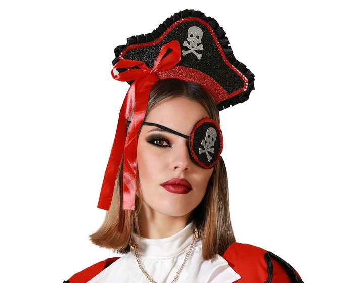 Diadema Con Sombrero Pirata Negro Y Detalles Rojos Con Parche - Perfecto para Disfraces de Capitán y Corsario Diadema Con Sombrero Pirata Negro Y Detalles Rojos Con Parche - Perfecto para Disfraces de Capitán y Corsario