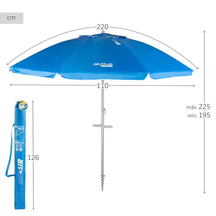 Aktive Sombrilla de playa Max Air azul de 210 cm con espiral de anclaje