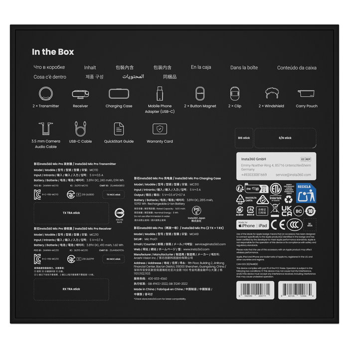 Insta360 Mic Pro (2 TX + 1 RX) con USB Tipo-C y 2 transmisores