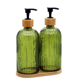 DKD Home Decor Set de 3 Dosificadores de Cristal y Bambú 500ml