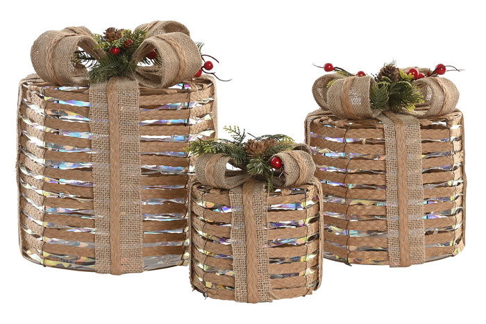 DKD Home Decor Regalo Navidad Set de 3 Piezas Ratan Led Natural Multicolor 25 x 30 x 25 cm