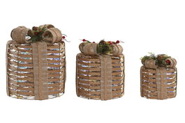 DKD Home Decor Regalo Navidad Set de 3 Piezas Ratan Led Natural Multicolor 25 x 30 x 25 cm