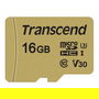 Transcend USD500S Tarjeta microSDHC de 16GB Clase 10 U3 V30 con Adaptador, hasta 95MB/s Lectura, 50MB/s Escritura