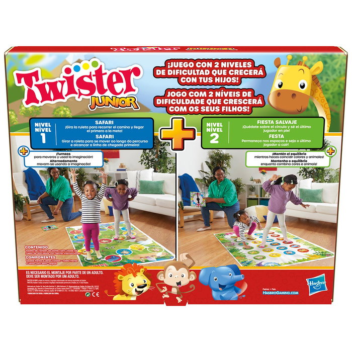 Hasbro Gaming Twister Junior F7478 Juego 2 en 1 Fiesta Salvaje Safari Animales para Niños +3 Años