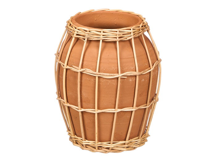 Giftdecor Jarrón Indalo Barro y Mimbre, 21x24 cm, Color Marrón Natural (Set de 4)