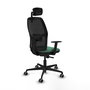 Silla de oficina Alfera con mecanismo Sincro tapizada con Tela color Verde esmeralda y malla color Negro. Equipada con lumbar 1D, Brazos 1D, Cabecero 2D y Ruedas 65 mm parqué