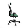 Silla de oficina Alfera con mecanismo Sincro tapizada con Tela color Verde esmeralda y malla color Negro. Equipada con lumbar 1D, Brazos 1D, Cabecero 2D y Ruedas 65 mm parqué