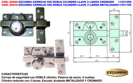 EZCURRA Cerrojo 550 Doble Cilindro con Llave en 2 Lados Metalizado