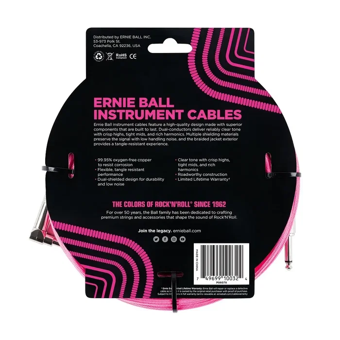 Ernieball Cable Instrumento Trenzado Jack-Jack Rosa / Neon 2.54 M