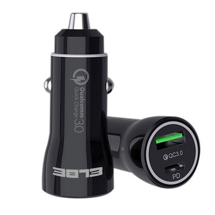 Elbe CARG-2515-QC Cargador Dual USB+Type C Coche PD+QC3.0 20W Negro
