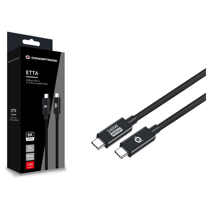 Conceptronic Cable USB-C a USB-C ETTA04B12 1,2m 240W 40Gbps Conceptronic Cable USB-C a USB-C ETTA04B12 1,2m 240W 40Gbps