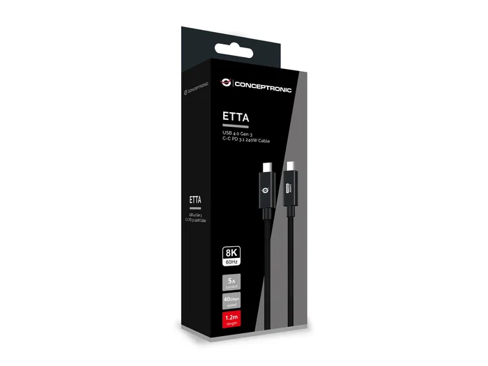 Conceptronic ETTA04B12 Cable USB 4 Gen 3x2 USB-C Macho a USB-C Macho 1.2m 240W 48V 40 Gbps Negro