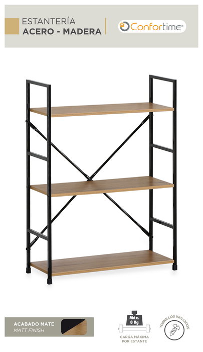 Confortime Estantería de 3 Niveles en Metal y Madera Negra - 85 cm de Largo x 25 cm de Alto x 7 cm de Ancho (2 Unidades)