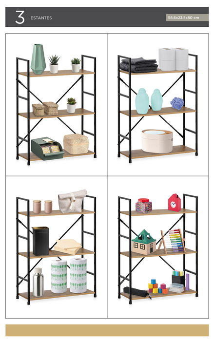 Confortime Estantería de 3 Niveles en Metal y Madera Negra - 85 cm de Largo x 25 cm de Alto x 7 cm de Ancho (2 Unidades)