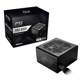 ASRock PRO-650G Fuente de Alimentación ATX 650W 80 Plus Gold Certificación Negra, Pro Series, 24-pin ATX, 1x PCIe 6+2 pin, 4x SATA, Ventilador 12 cm